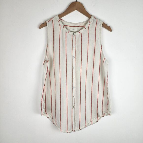 C&C California Top White Linen Red Stripes Sleeveless Button Up Shirt Blouse L - Picture 5 of 14